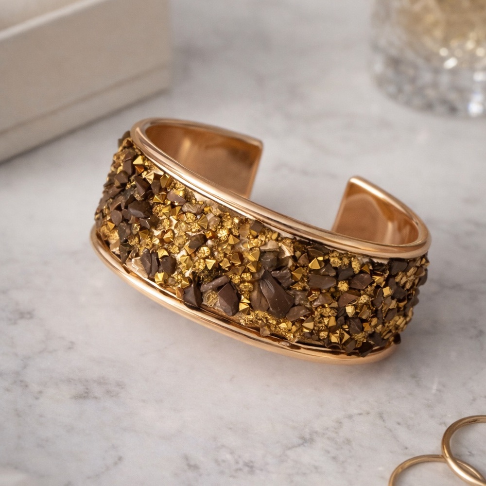 Gold Cuff Bracelet Chunky Textured Stone Statement Wide Bangle